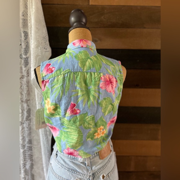 Ralph Lauren 100% Linen Tropical Print Sleeveless Tie Front Cropped Top - Picture 7 of 11